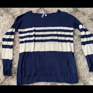 Navy and white striped sweater.
